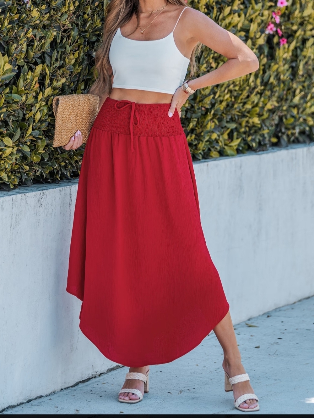 Red Smocked-Waist Maxi Skirt - Women New XL Cupshe Cruise Clothes BEACHWEAR